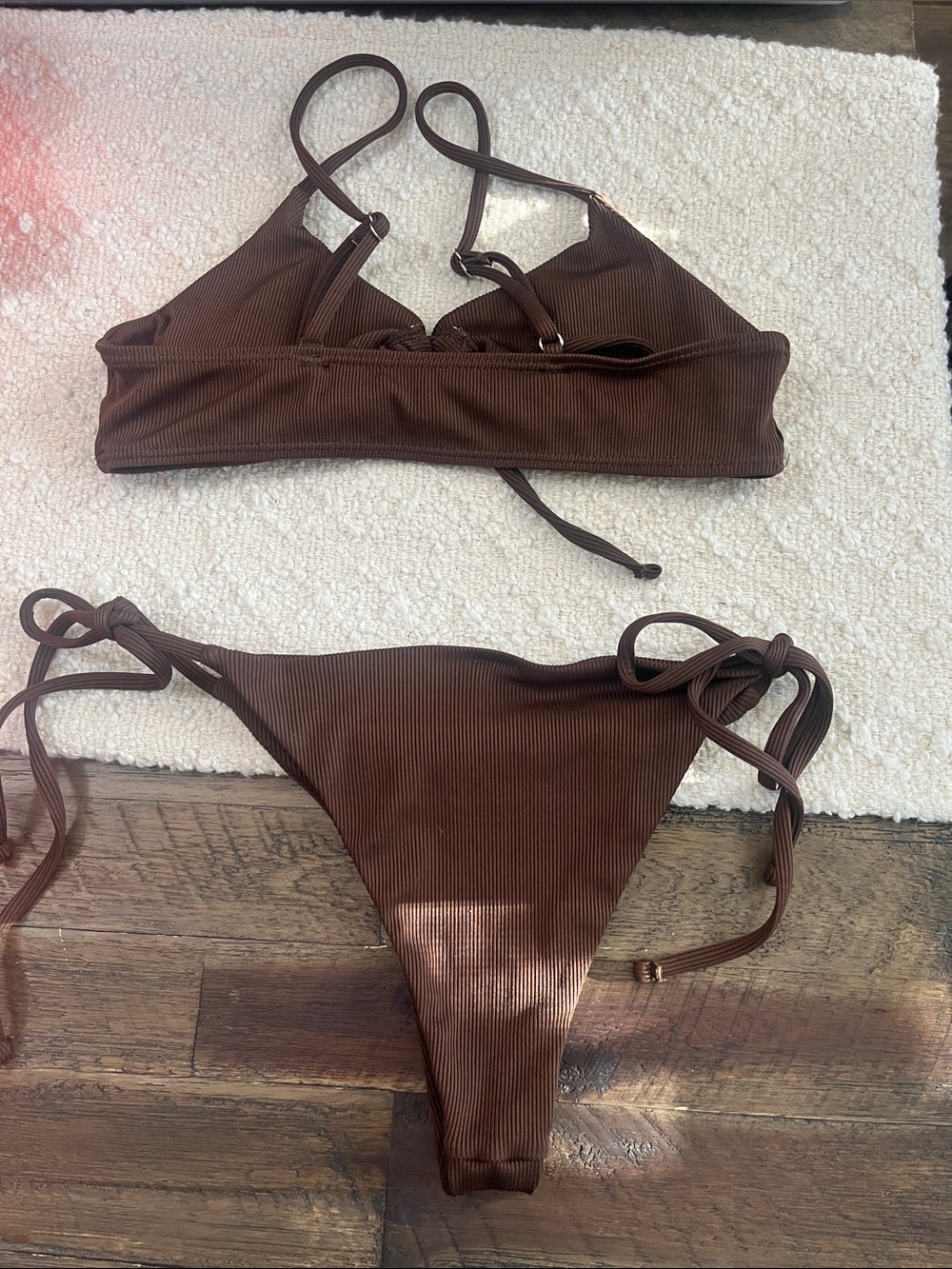 Brown Ribbed Tie-Front Bikini Set - Picture 2 of 3